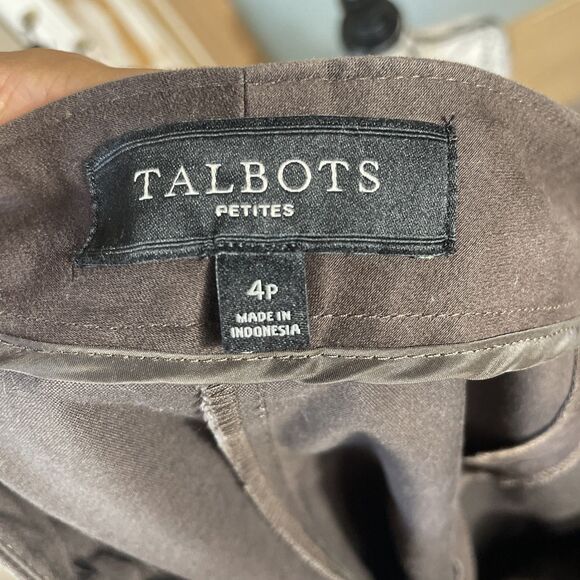 Talbots Pants Women 4 Petites Brown Stretch Faux Leather Trim Slacks Crop - Picture 5 of 6